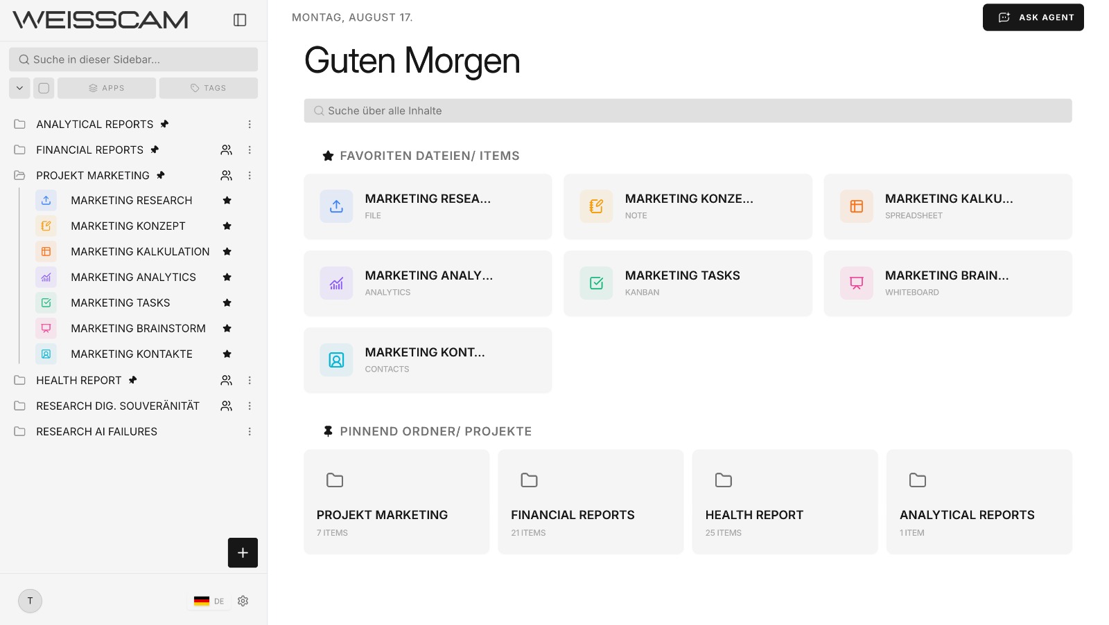 Weisscam Dashboard mit sieben Apps, globaler Suche und Projektordnern